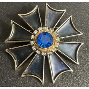 Vintage HAR Maltese Cross Brooch Blue Enamel Rhinestone Signed Dimensional Pin
